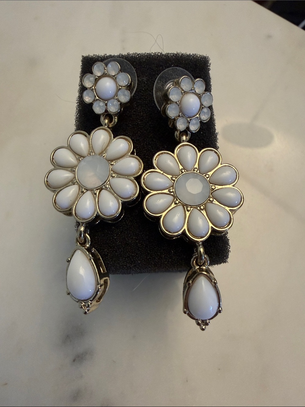 White Floral Drop Earrings - Elegant White Petal Design